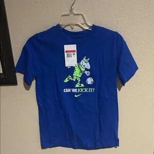 Nike Kids Graphic Tee Blue “Can We Kick It?” Soccer Shirt Size L NWT